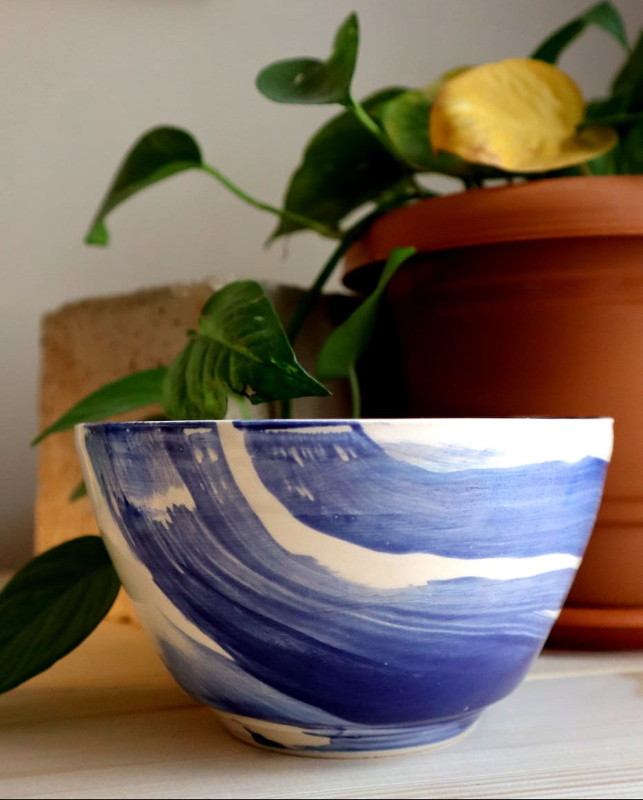 Blue and white marbled vase with a plant in the background